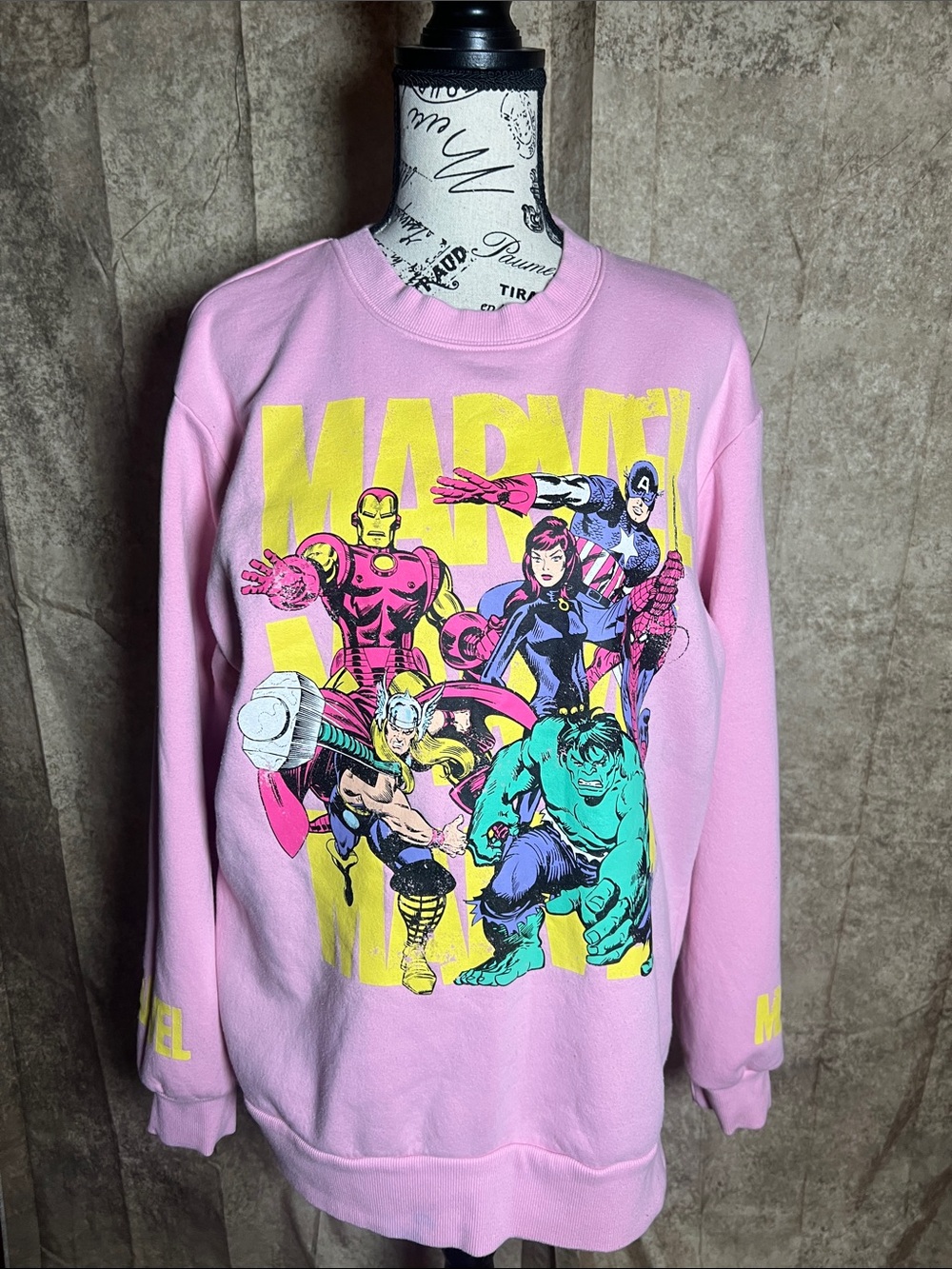 Marvel Pink Crewneck with Yellow Logo and Multi-Color Character Print
